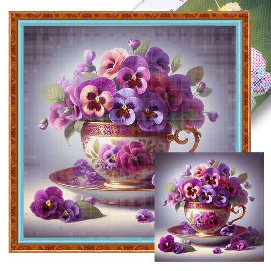 Pansy Teacup - Full 11CT Stamped Cross Stitch 40x40CM - Huacan