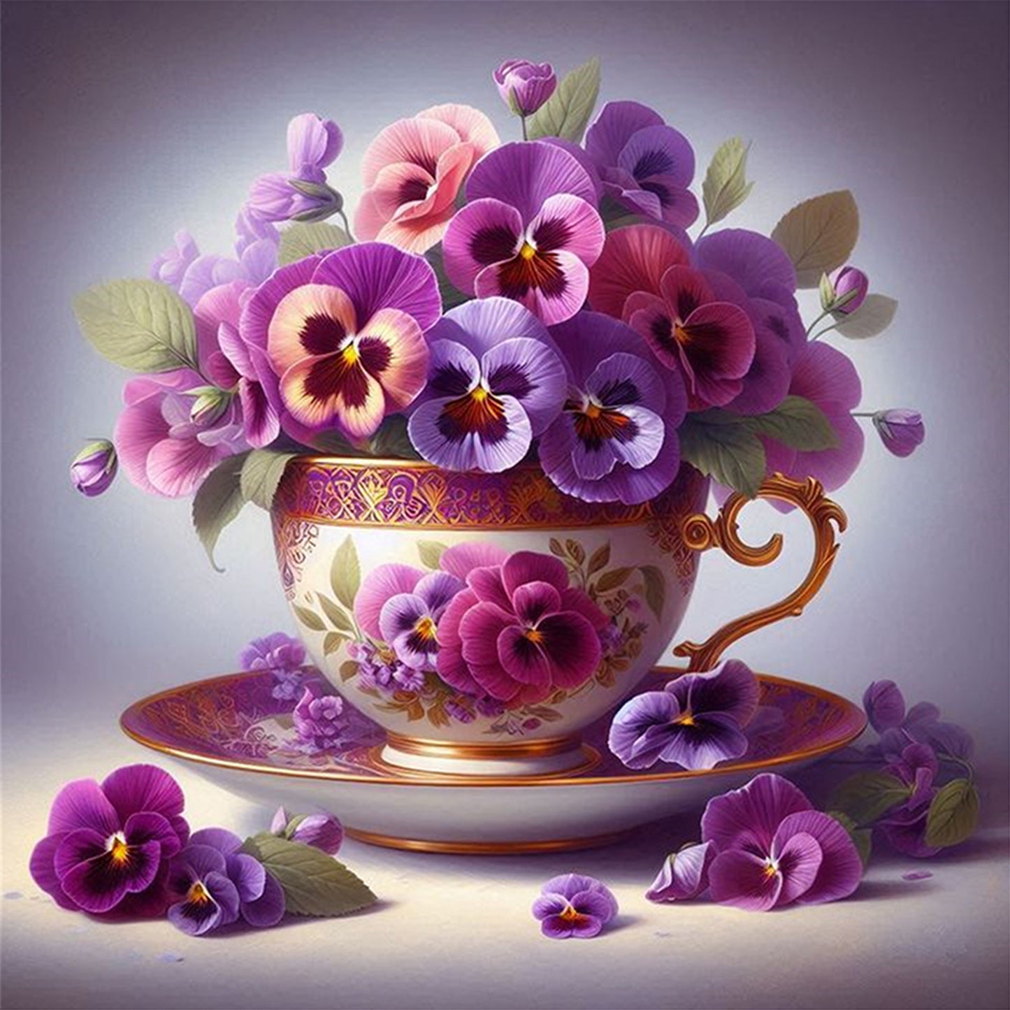 Pansy Teacup - Full 11CT Stamped Cross Stitch 40x40CM - Huacan