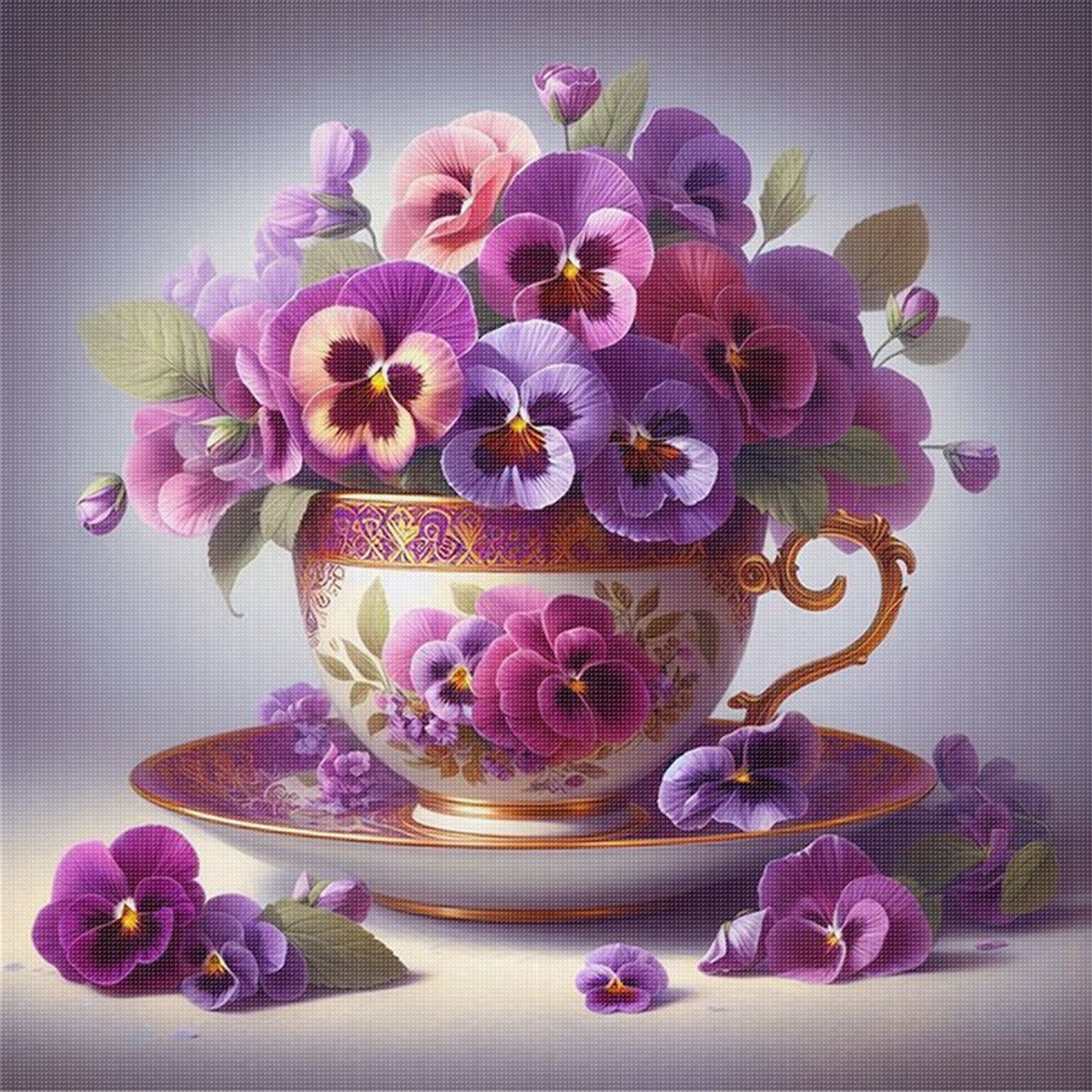 Pansy Teacup - Full 11CT Stamped Cross Stitch 40x40CM - Huacan