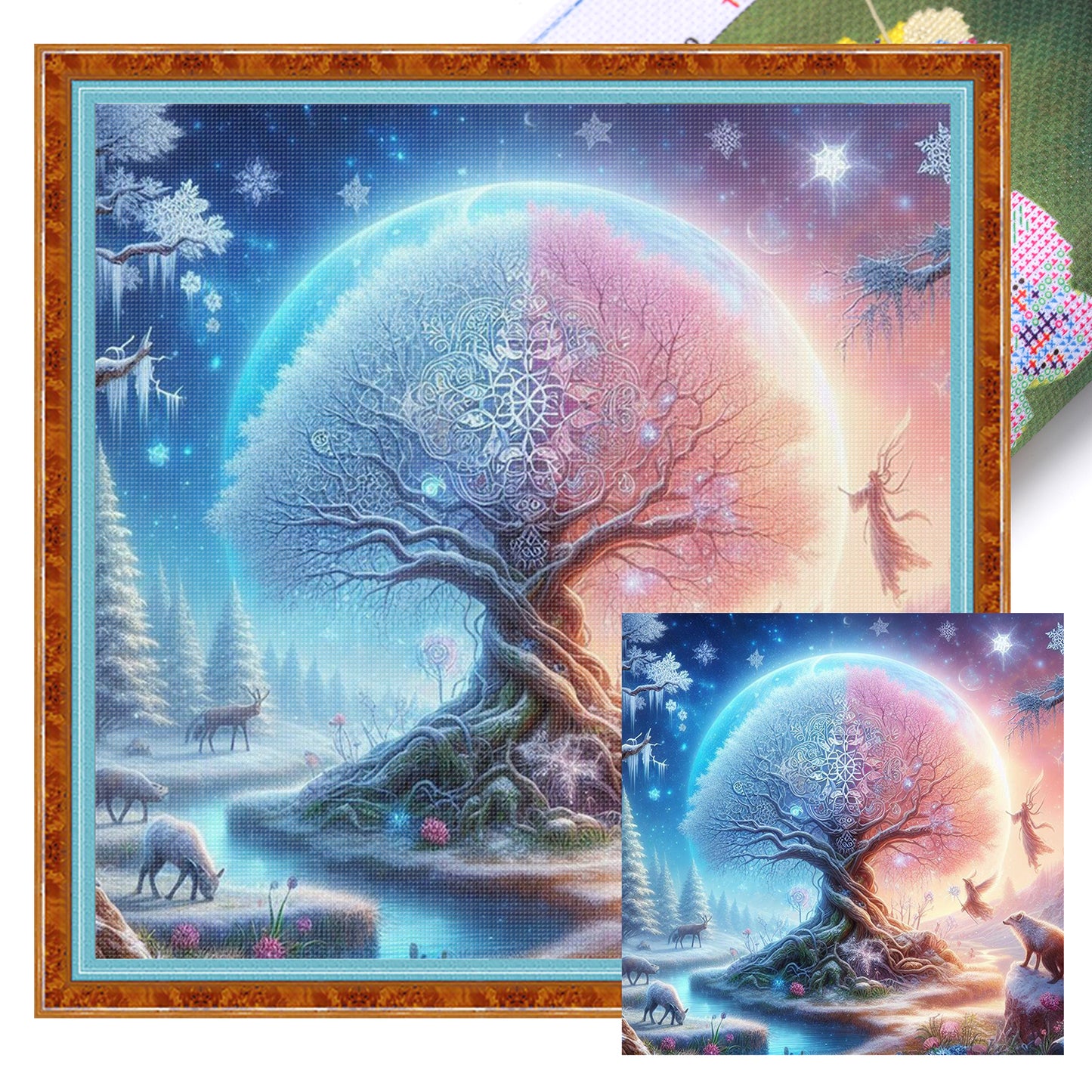 White & Pink Tree Of Life - Full 11CT Stamped Cross Stitch 45x45CM - Huacan