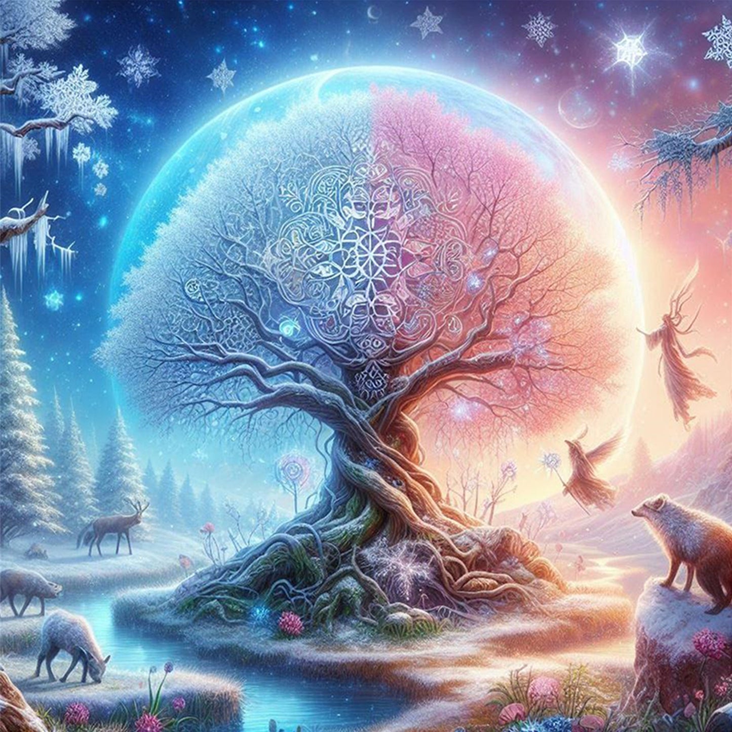 White & Pink Tree Of Life - Full 11CT Stamped Cross Stitch 45x45CM - Huacan