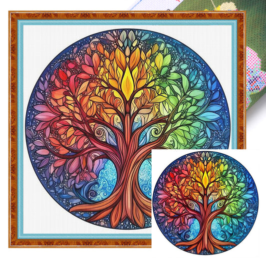 Colorful Tree Of Life - Full 11CT Stamped Cross Stitch 45x45CM - Huacan