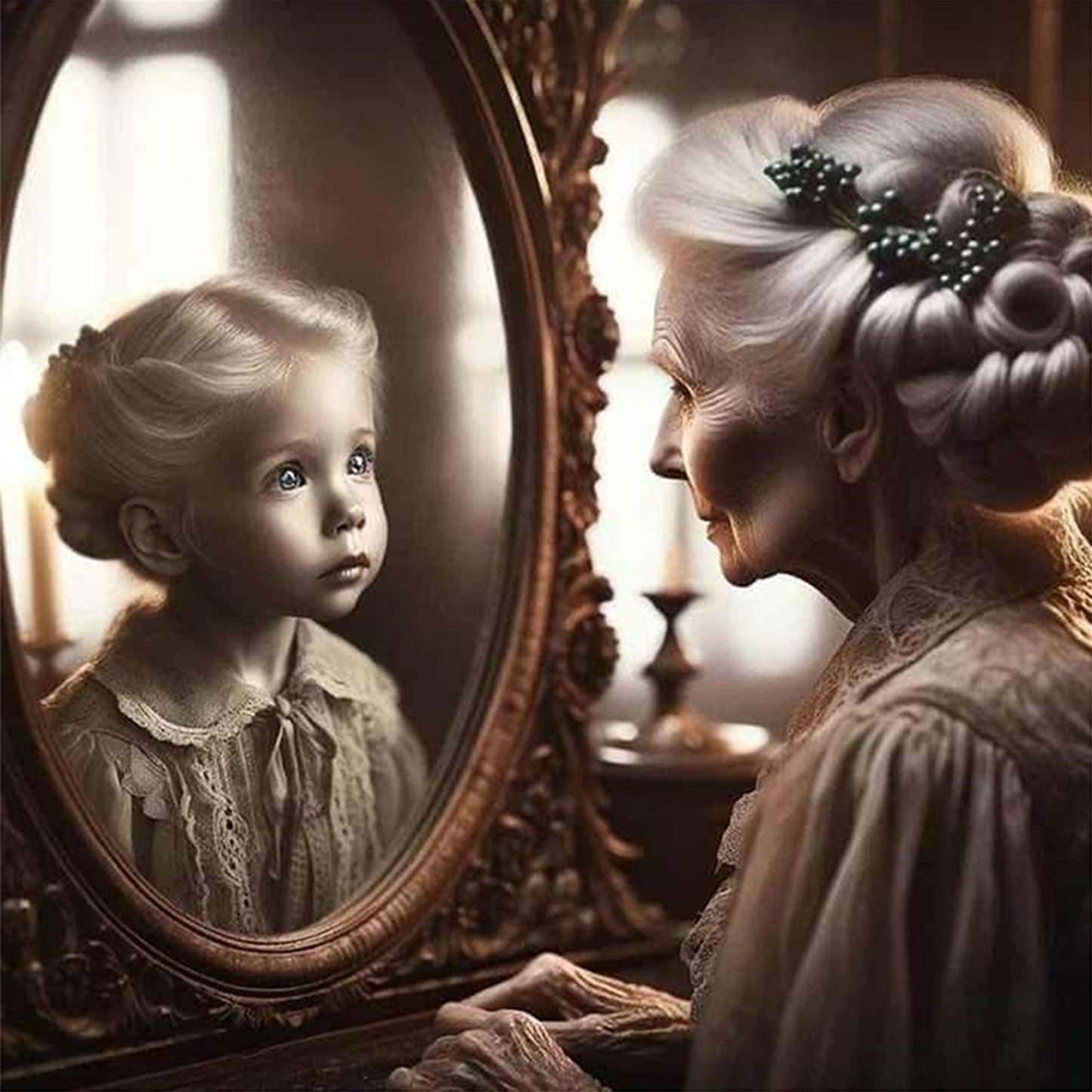 Girl In Mirror - Full 11CT Stamped Cross Stitch 45x45CM - Huacan