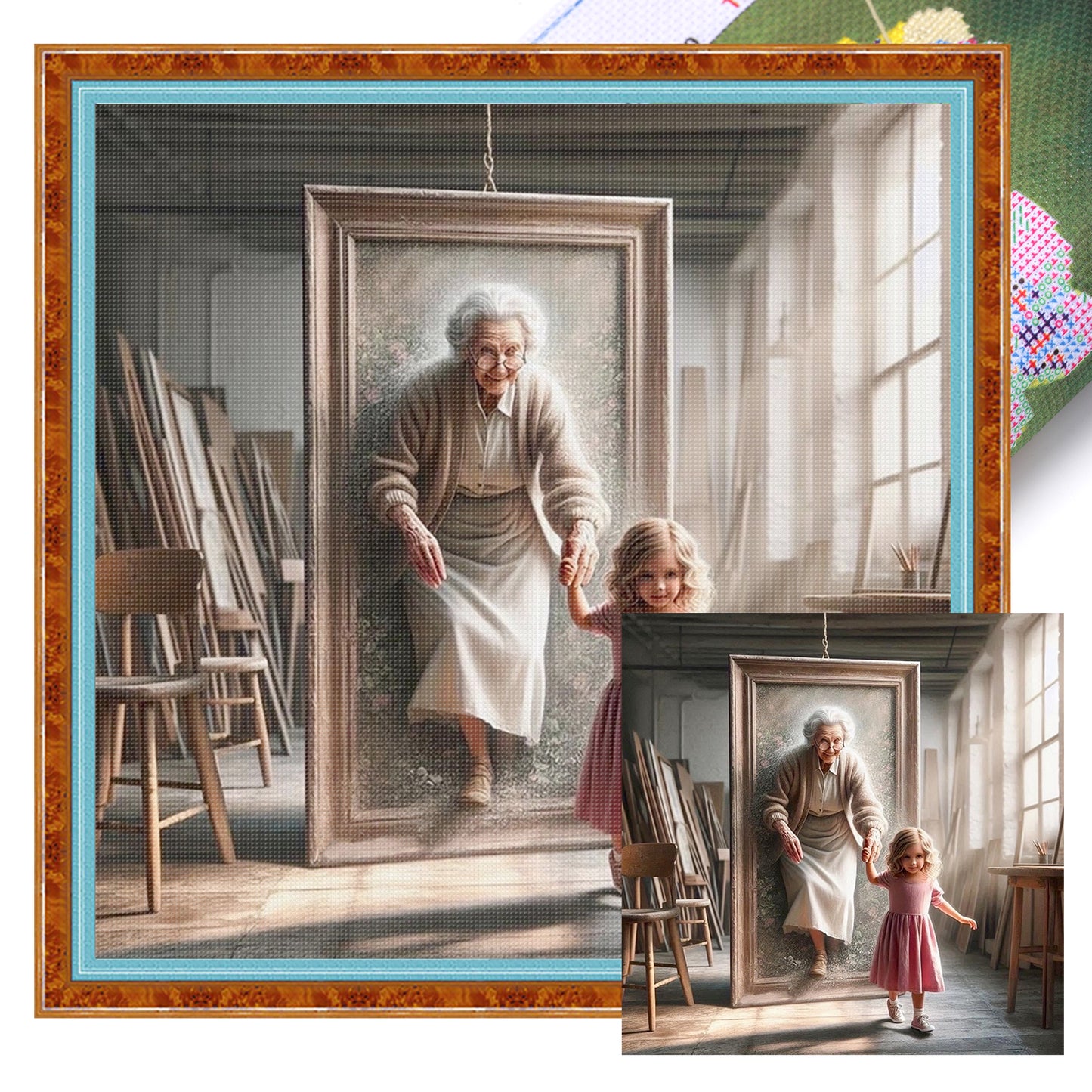 Girl And Grandma - Full 11CT Stamped Cross Stitch 45x45CM - Huacan