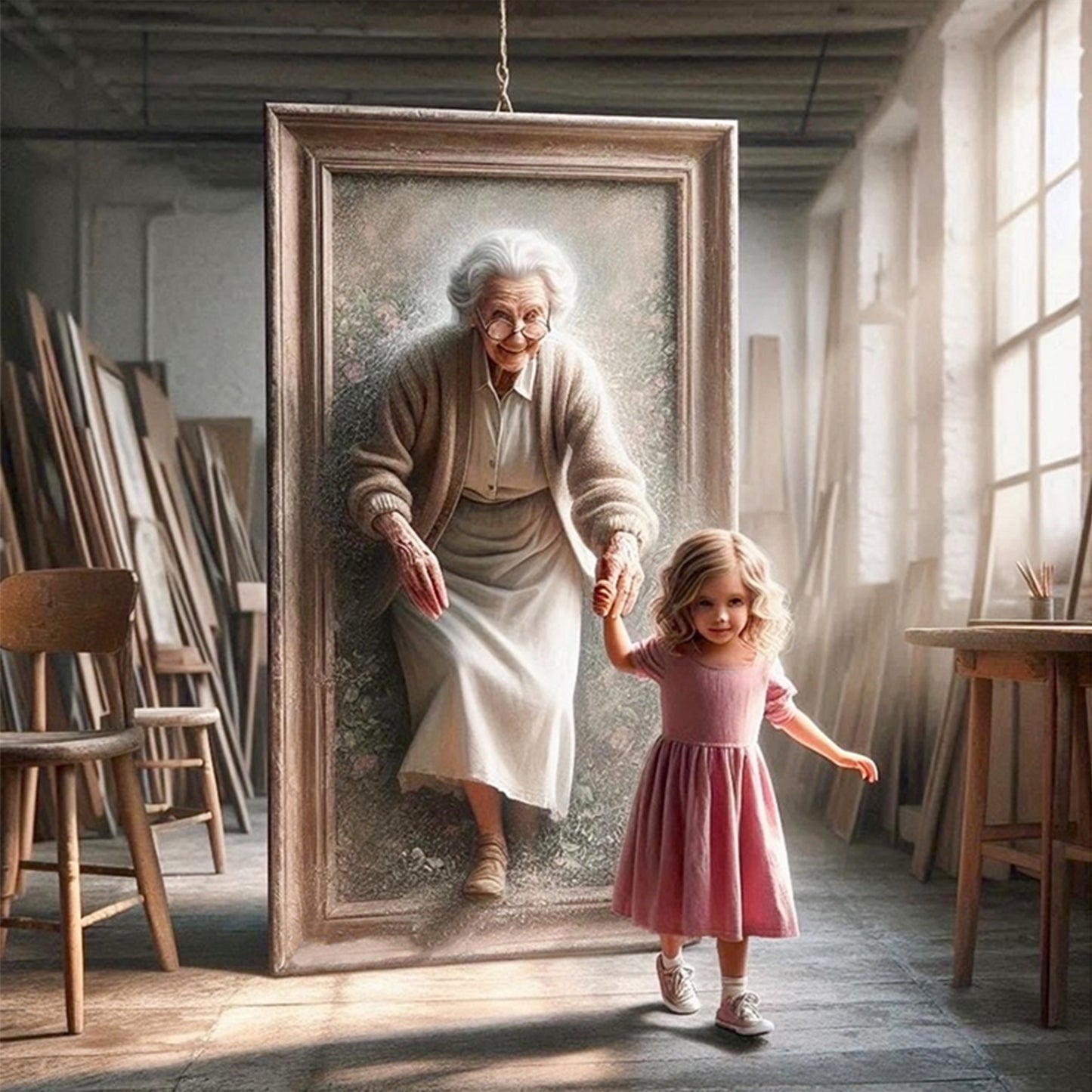 Girl And Grandma - Full 11CT Stamped Cross Stitch 45x45CM - Huacan