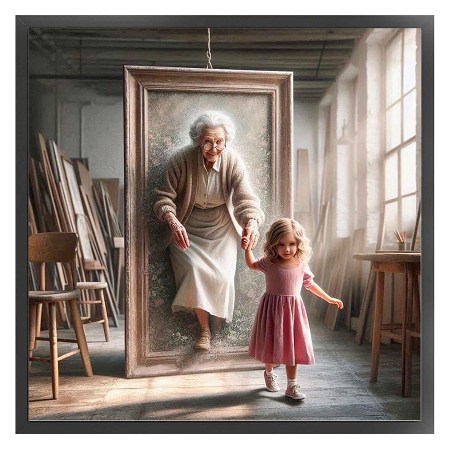 Girl And Grandma - Full 11CT Stamped Cross Stitch 45x45CM - Huacan
