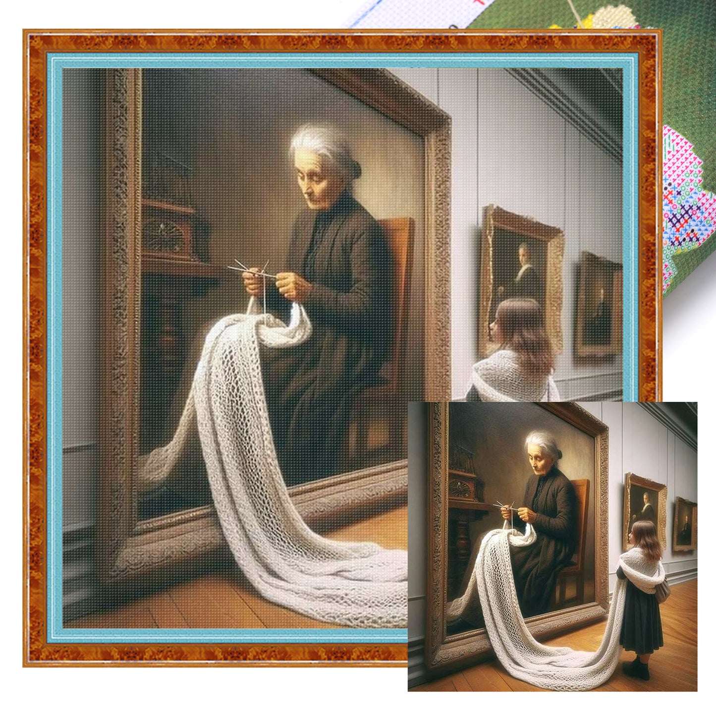 Grandma Knitting In Painting - Full 11CT Stamped Cross Stitch 45x45CM - Huacan