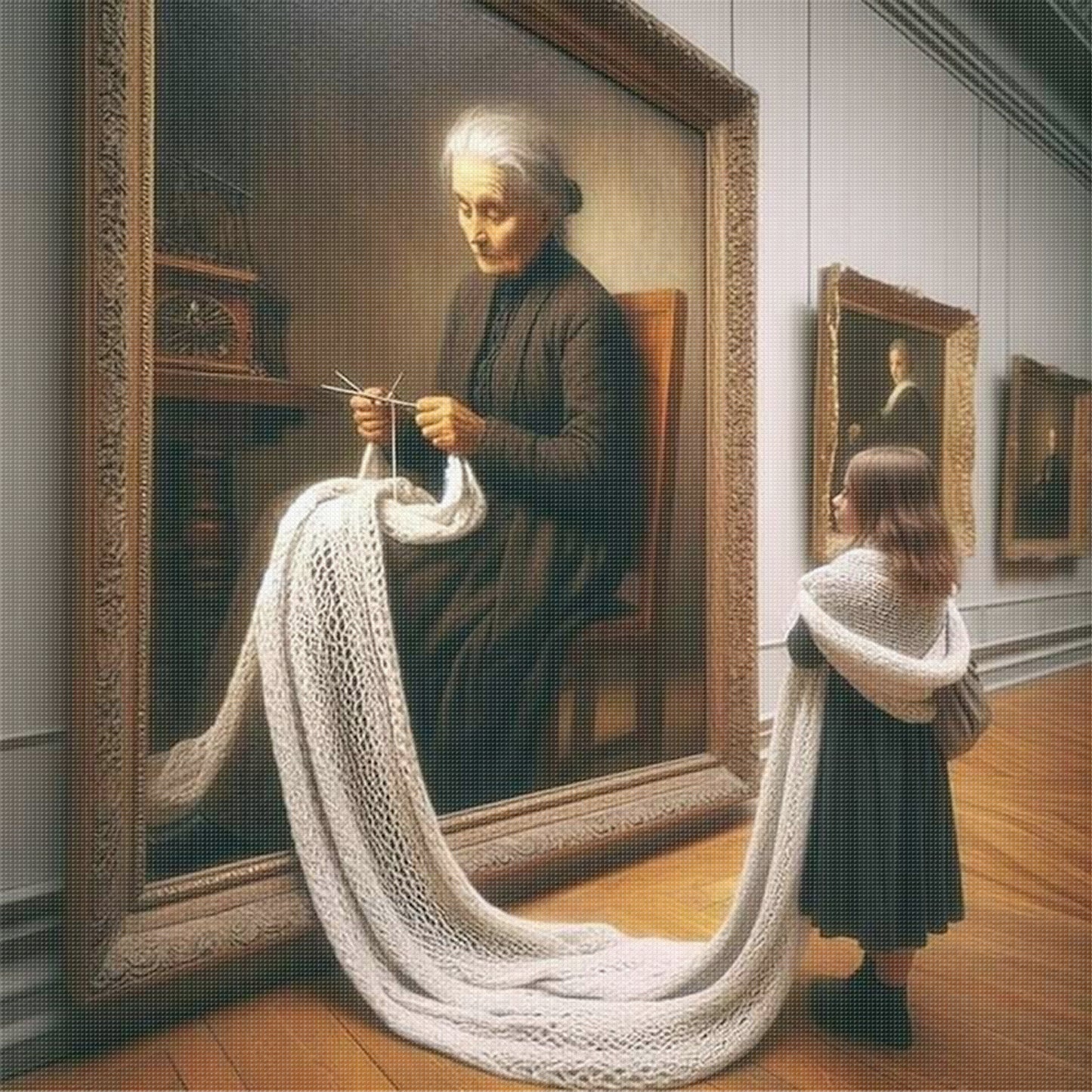 Grandma Knitting In Painting - Full 11CT Stamped Cross Stitch 45x45CM - Huacan