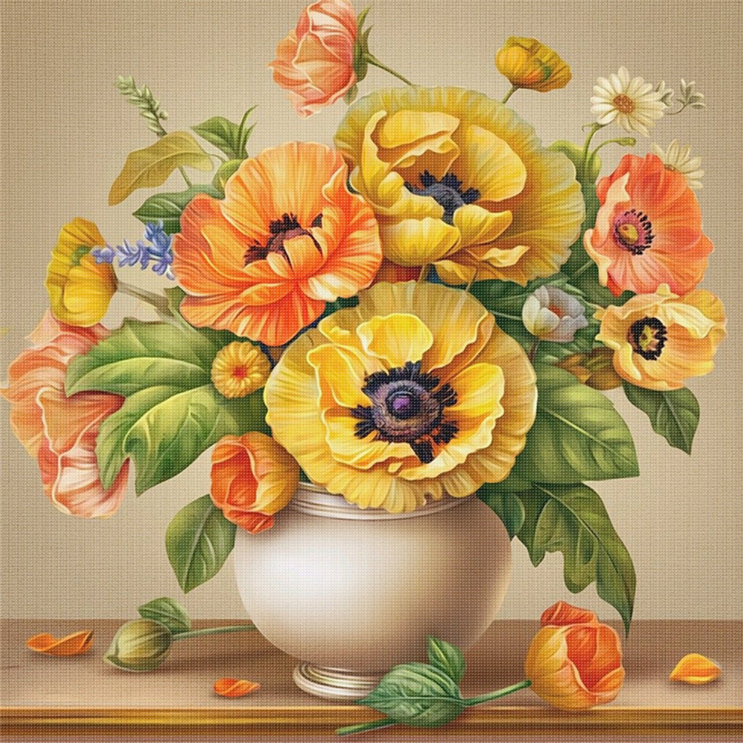 Vase With Poppies - Full 11CT Stamped Cross Stitch 45x45CM - Huacan