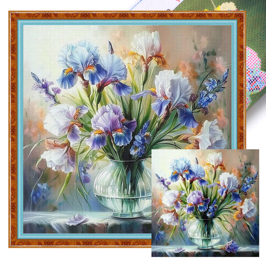 Vase With Iris - Full 11CT Stamped Cross Stitch 45x45CM - Huacan
