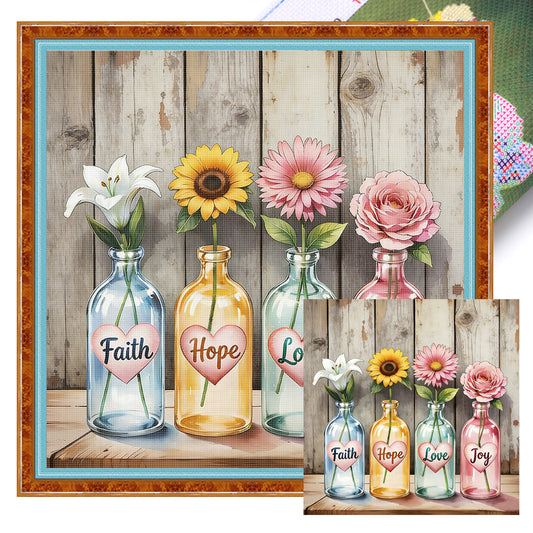 Glass Bottle With Flowers - Full 11CT Stamped Cross Stitch 45x45CM - Huacan