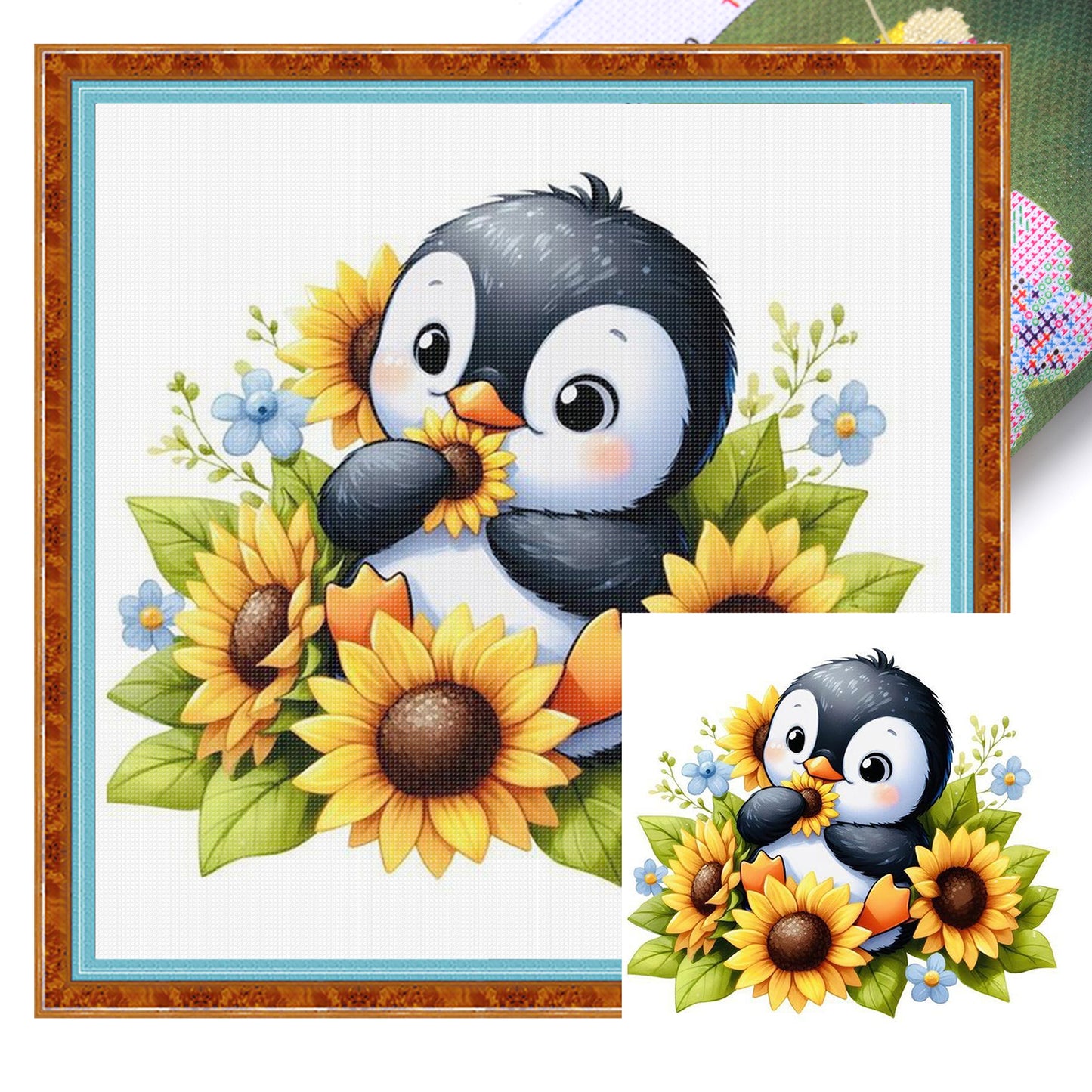 Penguin And Flowers - Full 18CT Stamped Cross Stitch 25x25CM - Huacan