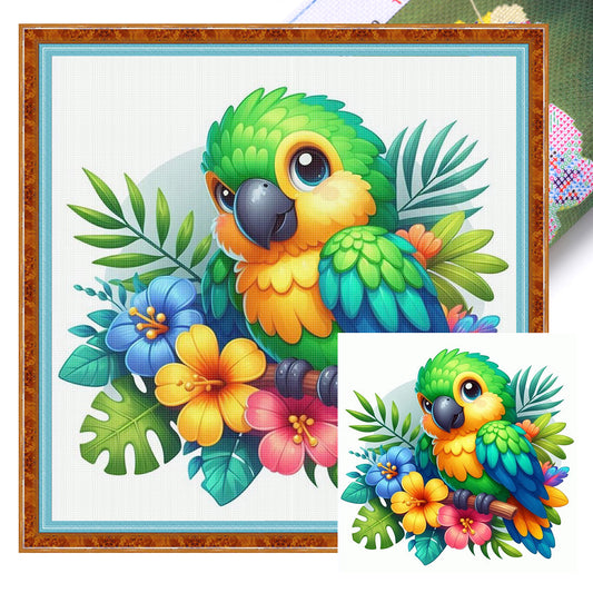 Parrot And Flowers - Full 18CT Stamped Cross Stitch 25x25CM - Huacan