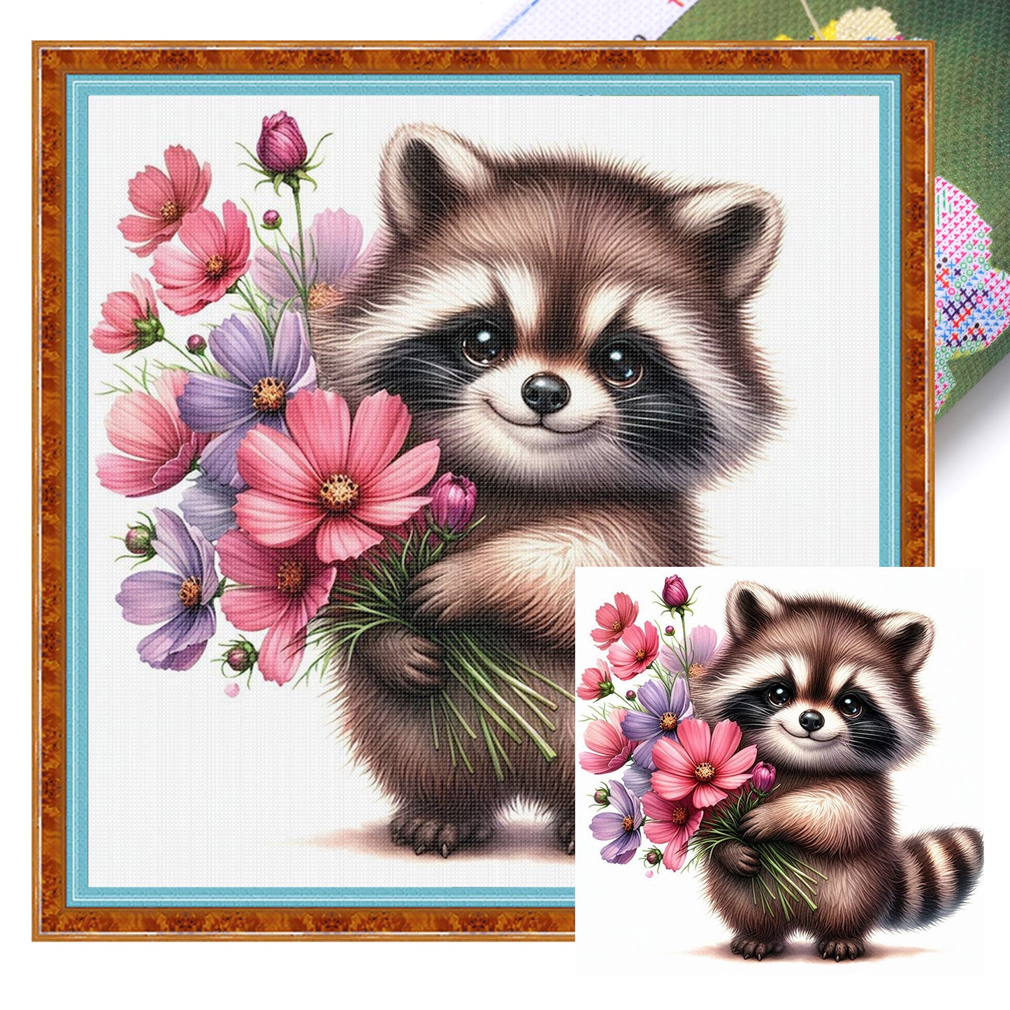 Raccoon And Flowers - Full 18CT Stamped Cross Stitch 25x25CM - Huacan