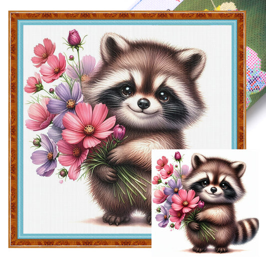Raccoon And Flowers - Full 18CT Stamped Cross Stitch 25x25CM - Huacan