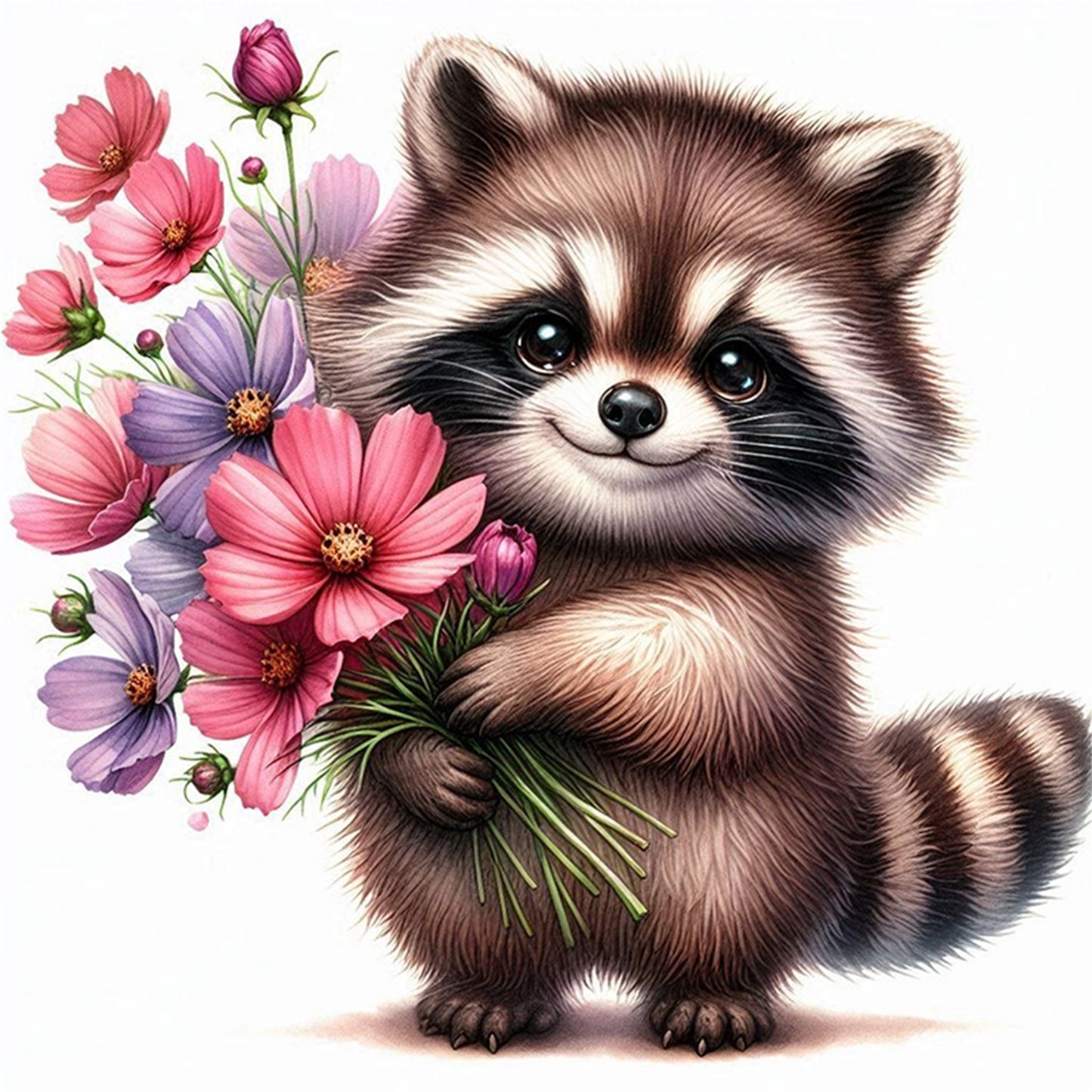 Raccoon And Flowers - Full 18CT Stamped Cross Stitch 25x25CM - Huacan