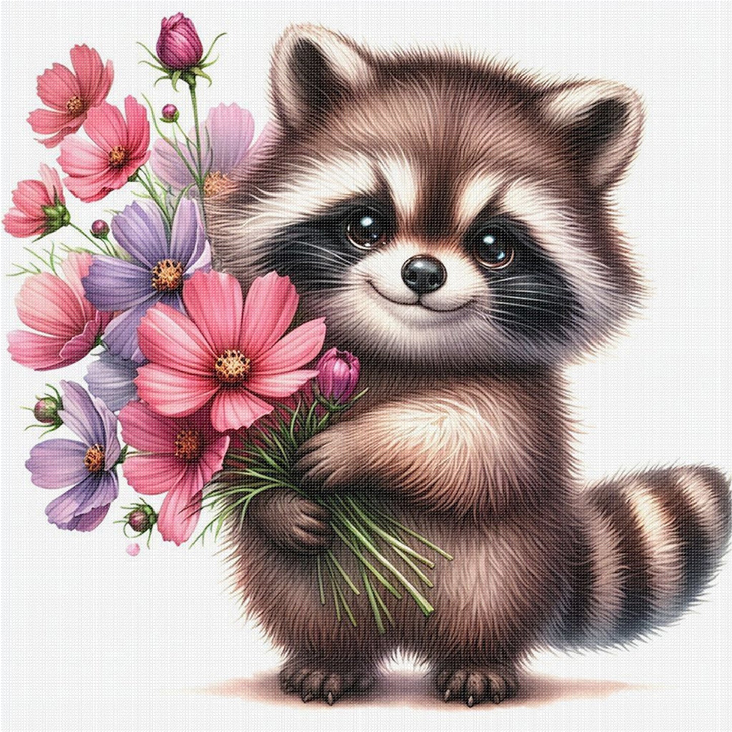 Raccoon And Flowers - Full 18CT Stamped Cross Stitch 25x25CM - Huacan