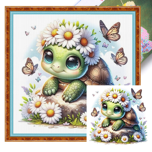 Turtle And Flowers - Full 18CT Stamped Cross Stitch 25x25CM - Huacan