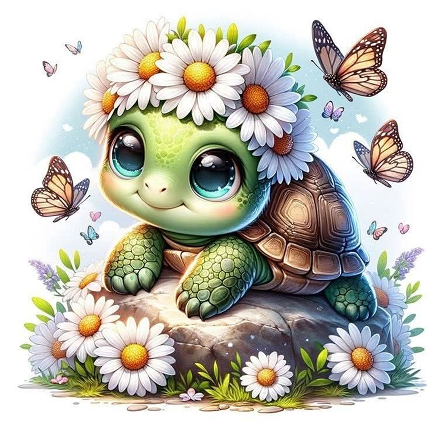 Turtle And Flowers - Full 18CT Stamped Cross Stitch 25x25CM - Huacan