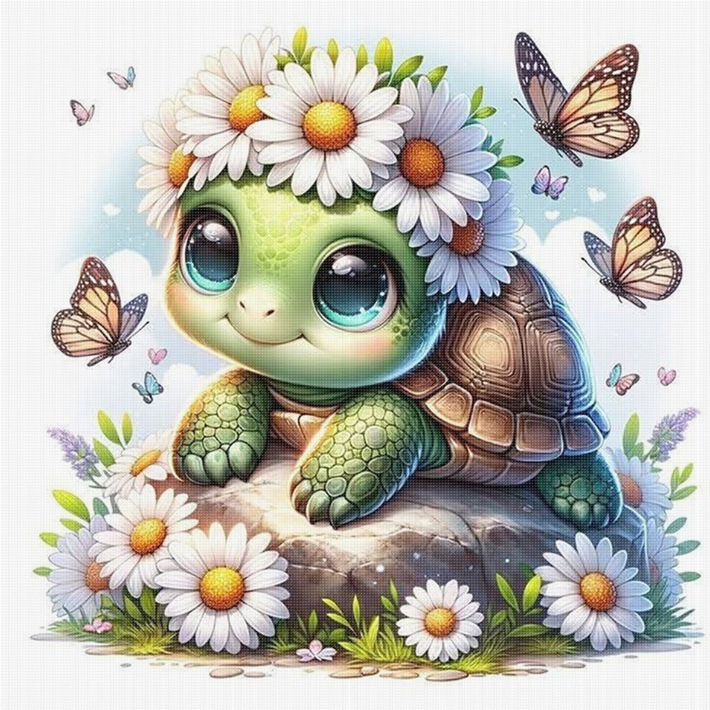 Turtle And Flowers - Full 18CT Stamped Cross Stitch 25x25CM - Huacan