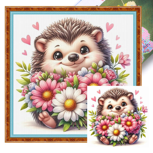 Hedgehog And Flowers - Full 18CT Stamped Cross Stitch 25x25CM - Huacan