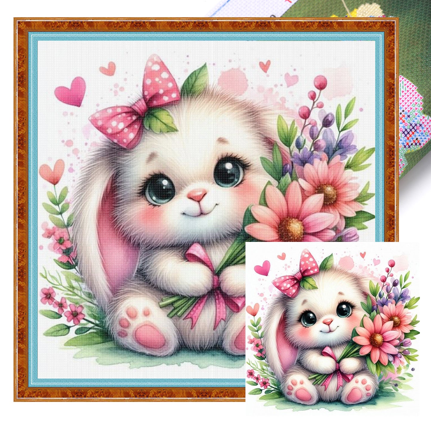Rabbit And Flowers - Full 18CT Stamped Cross Stitch 25x25CM - Huacan