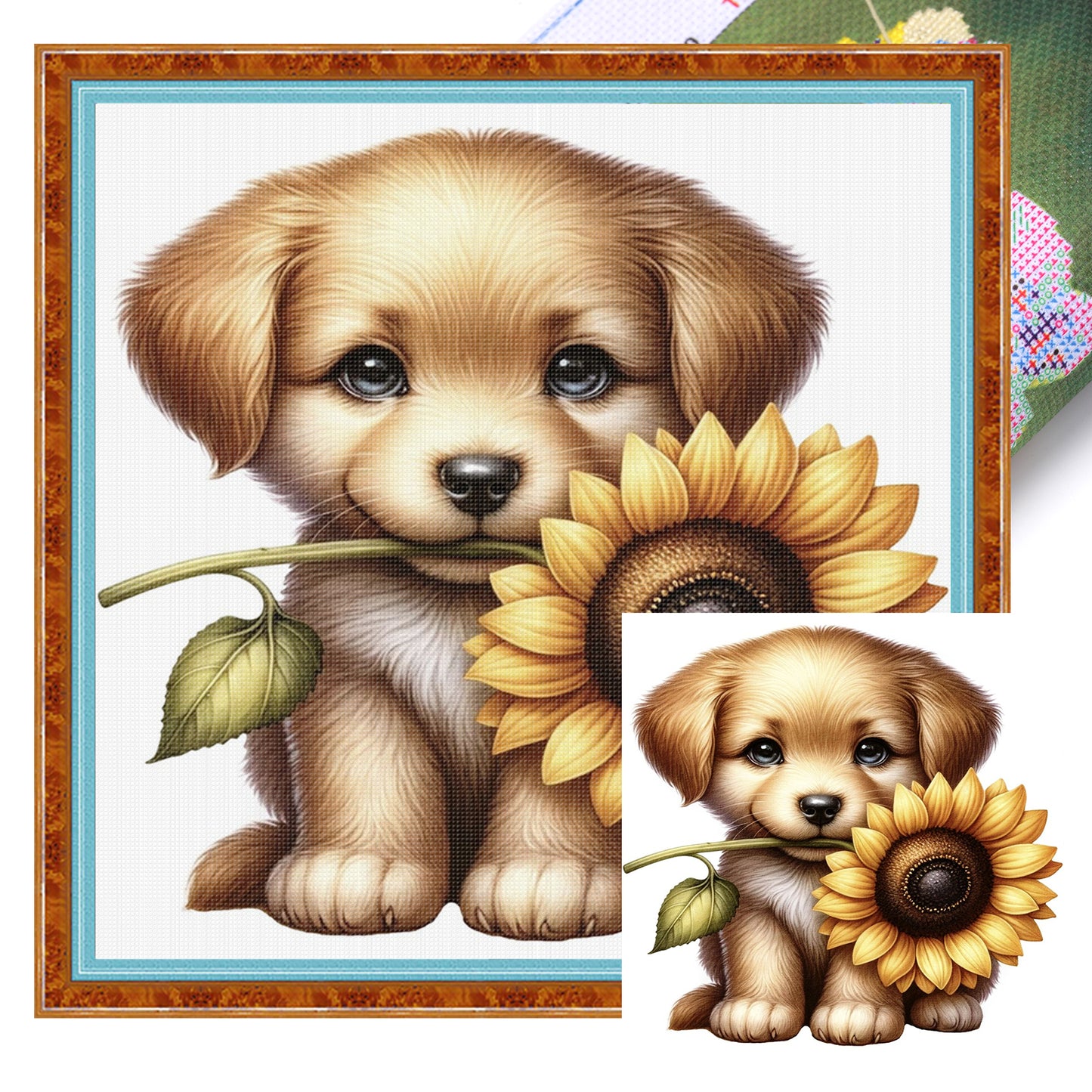 Golden Retriever And Flowers - Full 18CT Stamped Cross Stitch 25x25CM - Huacan