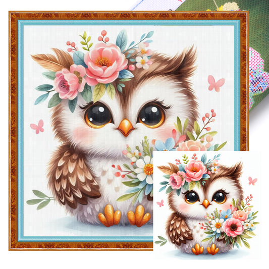 Owl And Flowers - Full 18CT Stamped Cross Stitch 25x25CM - Huacan