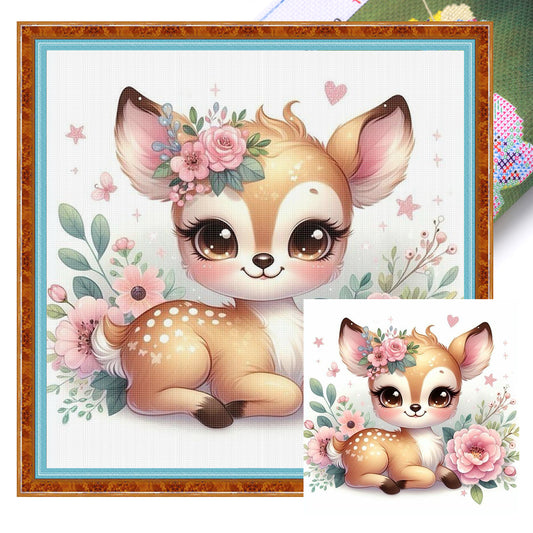 Elk And Flowers - Full 18CT Stamped Cross Stitch 25x25CM - Huacan