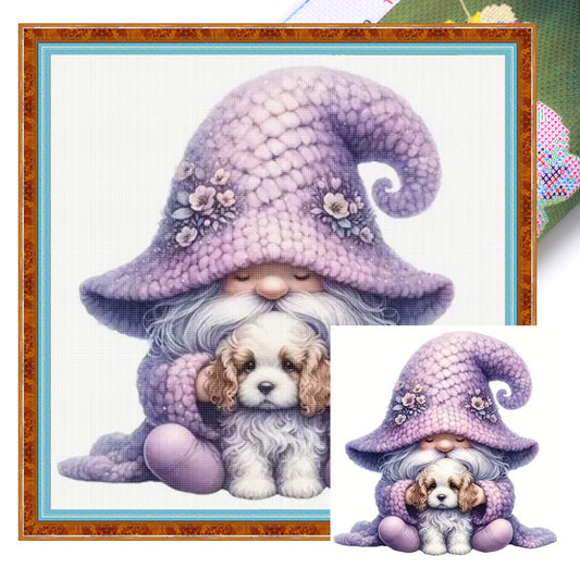 Gnome And Beagle - Full 18CT Stamped Cross Stitch 20x20CM - Huacan