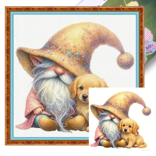 Gnome And Golden Retriever - Full 18CT Stamped Cross Stitch 20x20CM - Huacan