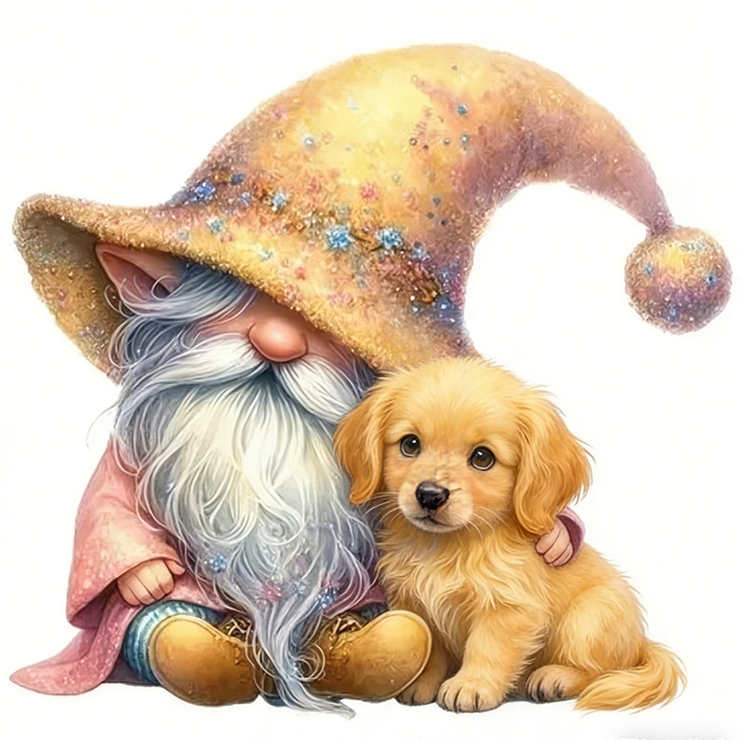 Gnome And Golden Retriever - Full 18CT Stamped Cross Stitch 20x20CM - Huacan