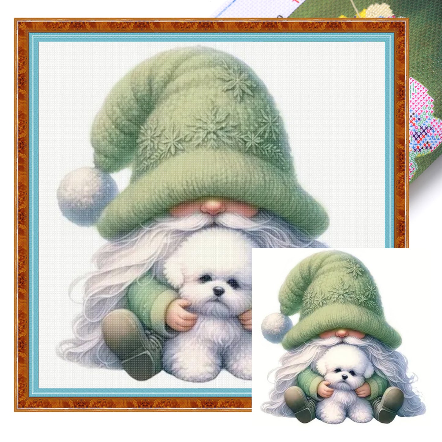 Gnome And Bichon Frise - Full 18CT Stamped Cross Stitch 20x20CM - Huacan