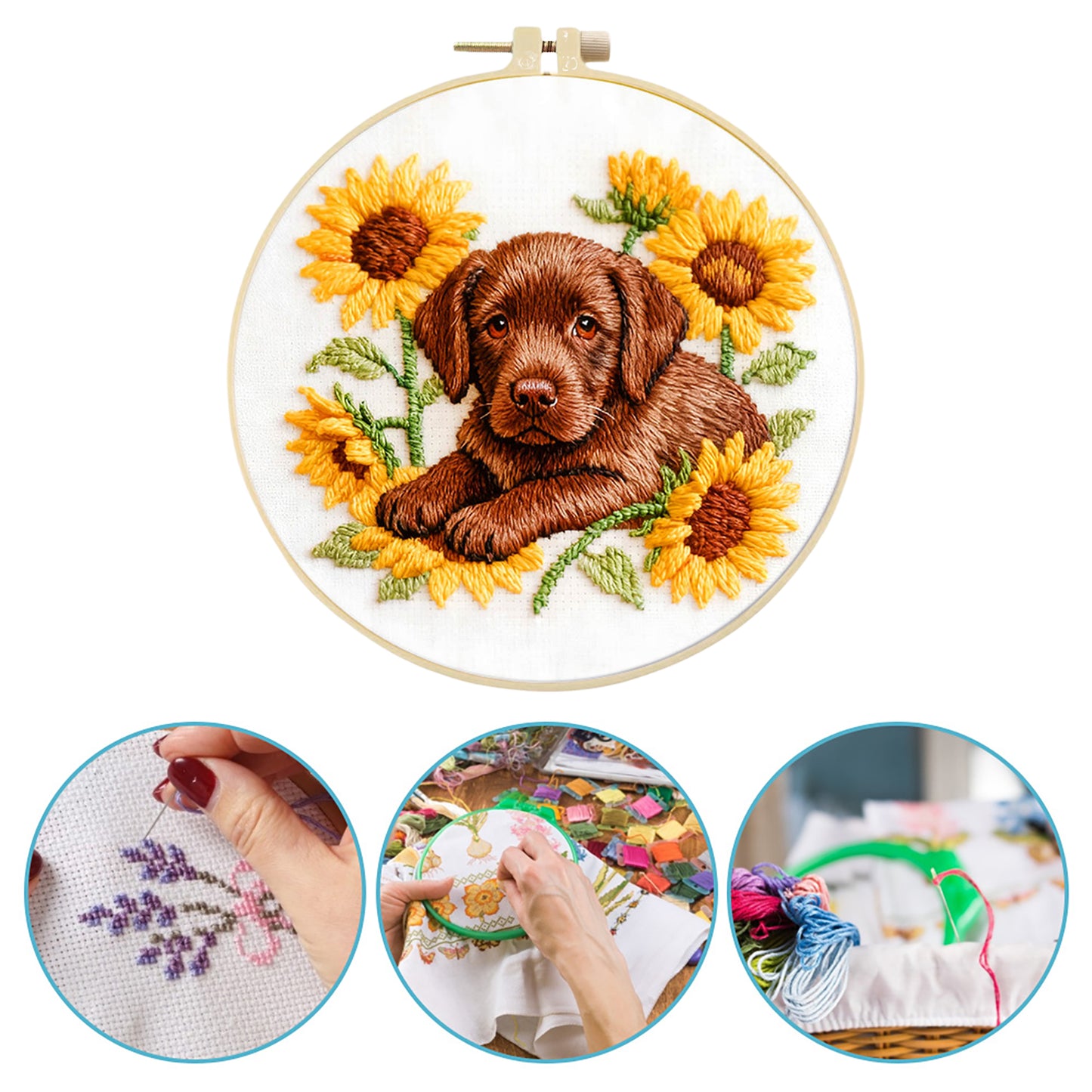 Labrador - DIY Embroidery Cross Stitch Kit with Pattern Cotton Threads Needles Hoop 29x29CM/11.42x11.42in