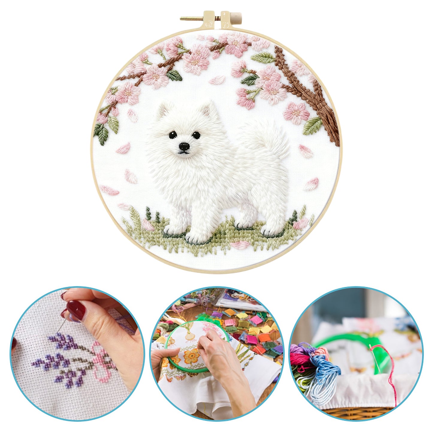 Pomeranian - DIY Embroidery Cross Stitch Kit with Pattern Cotton Threads Needles Hoop 29x29CM/11.42x11.42in