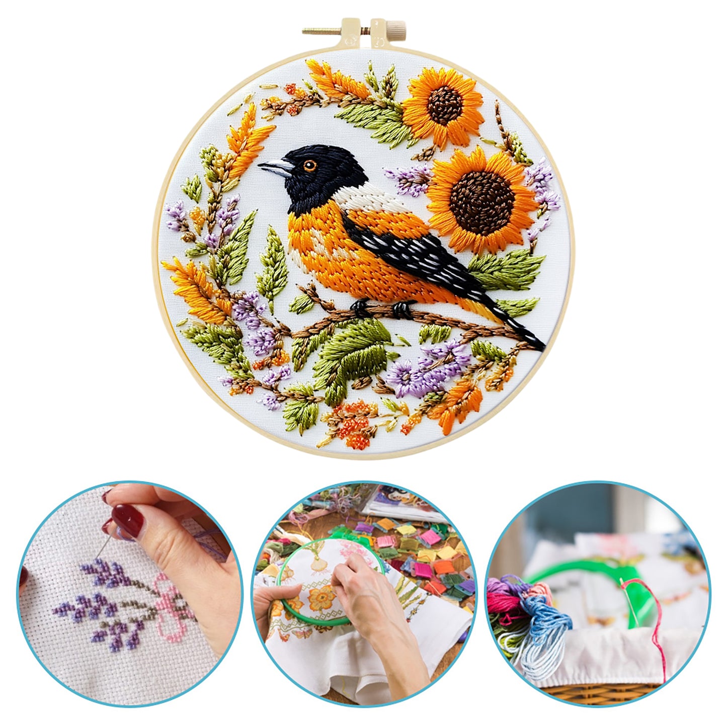 Bird - DIY Embroidery Cross Stitch Kit with Pattern Cotton Threads Needles Hoop 29x29CM/11.42x11.42in