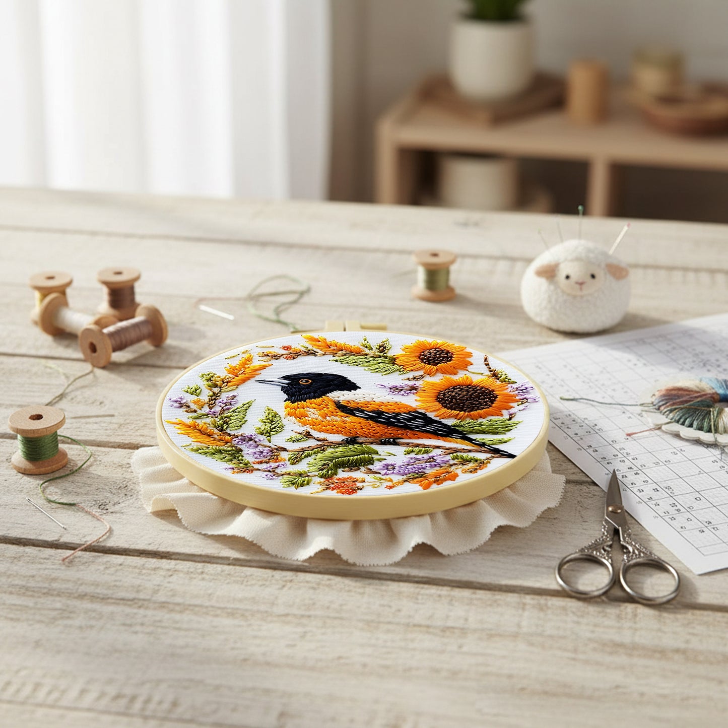 Bird - DIY Embroidery Cross Stitch Kit with Pattern Cotton Threads Needles Hoop 29x29CM/11.42x11.42in