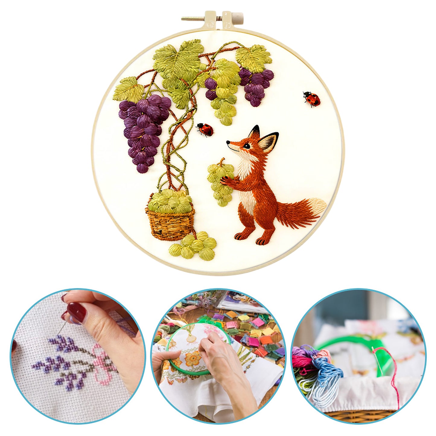 Grapes - DIY Embroidery Cross Stitch Kit with Pattern Cotton Threads Needles Hoop 29x29CM/11.42x11.42in