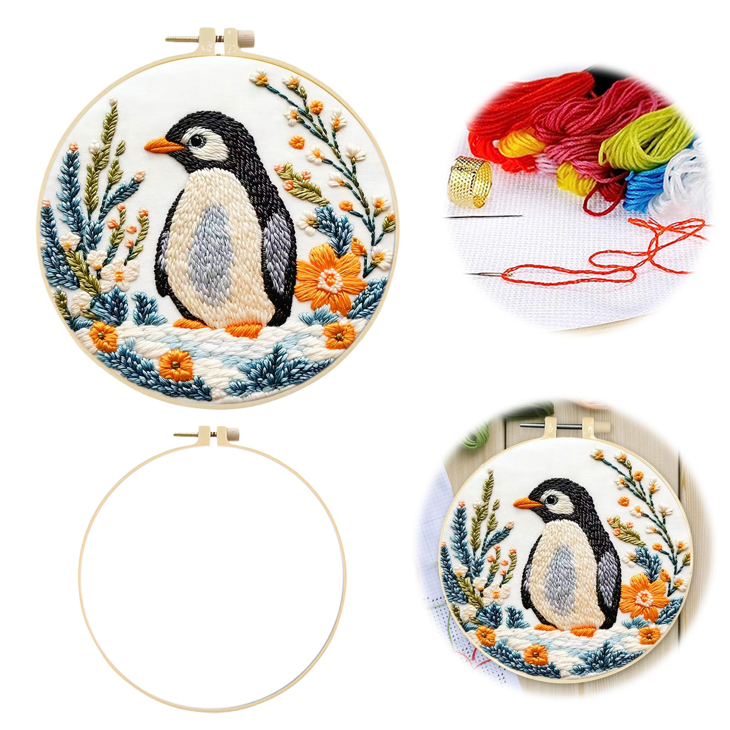 Penguin - DIY Embroidery Cross Stitch Kit with Pattern Cotton Threads Needles Hoop 29x29CM/11.42x11.42in