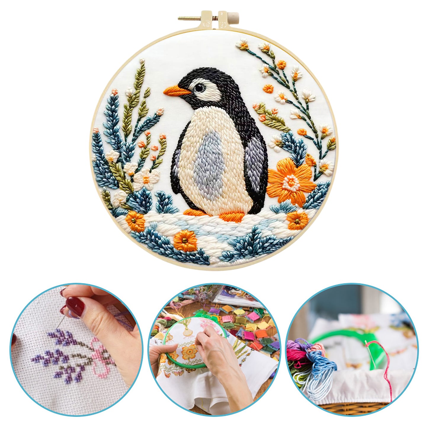 Penguin - DIY Embroidery Cross Stitch Kit with Pattern Cotton Threads Needles Hoop 29x29CM/11.42x11.42in