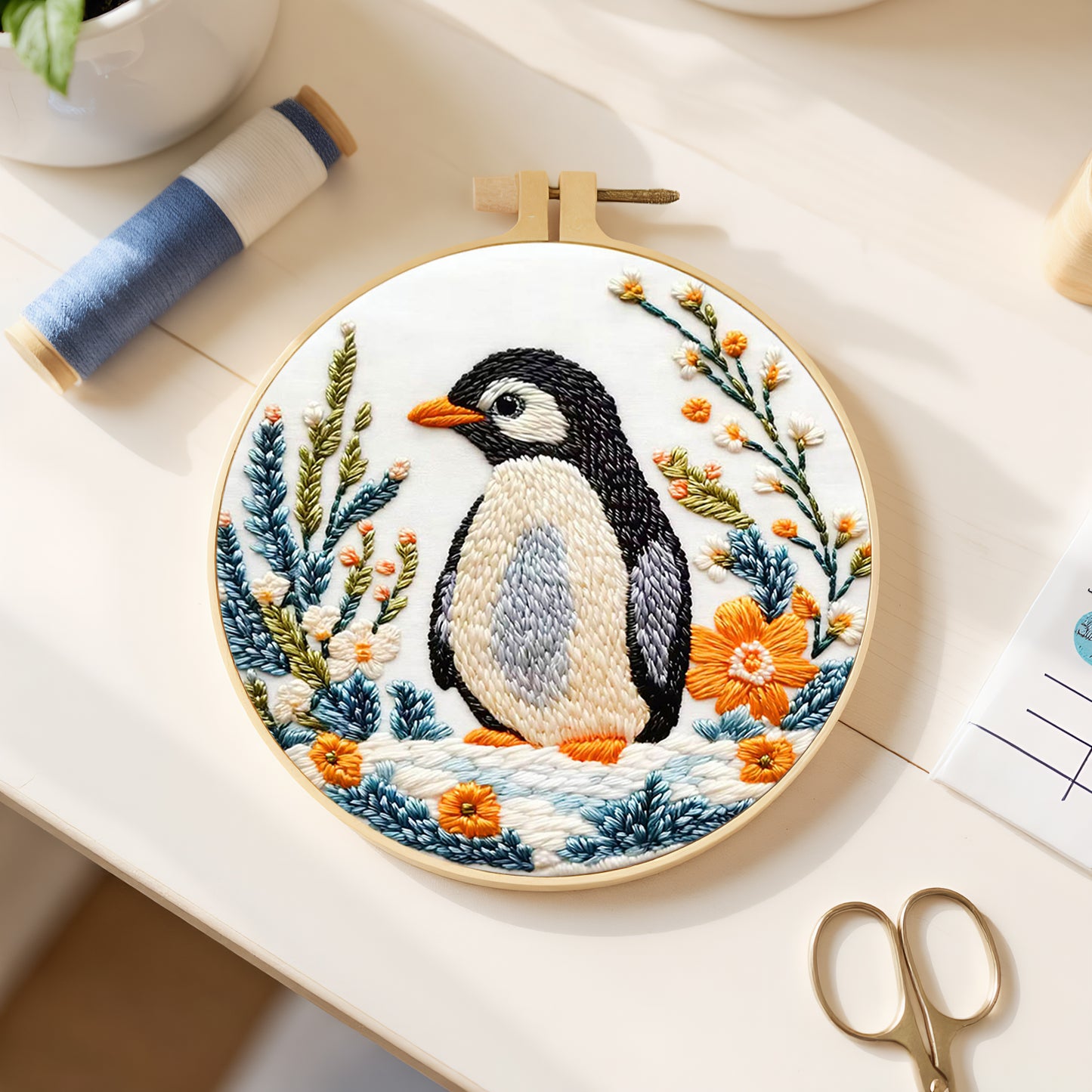 Penguin - DIY Embroidery Cross Stitch Kit with Pattern Cotton Threads Needles Hoop 29x29CM/11.42x11.42in