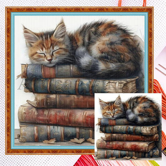 Katzen auf einem Bücherstapel – Vollständiges 11CT gezähltes Kreuzstichset 40*40 cm – Yishu