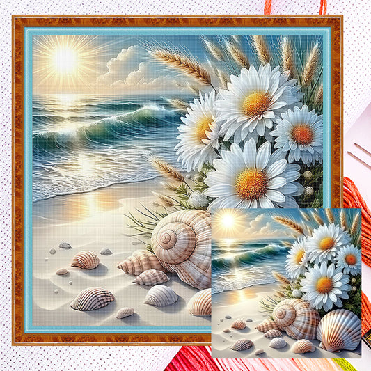 Daisies By Beach - Full 11CT Counted Cross Stitch 40x40CM - Yishu