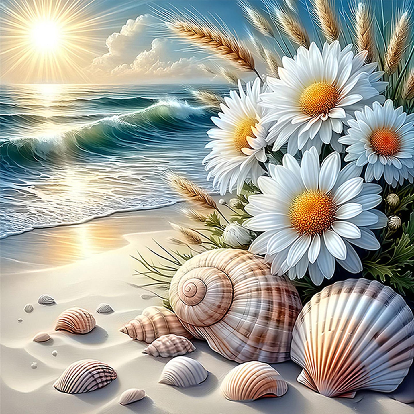 Daisies By Beach - Full 11CT Counted Cross Stitch 40x40CM - Yishu