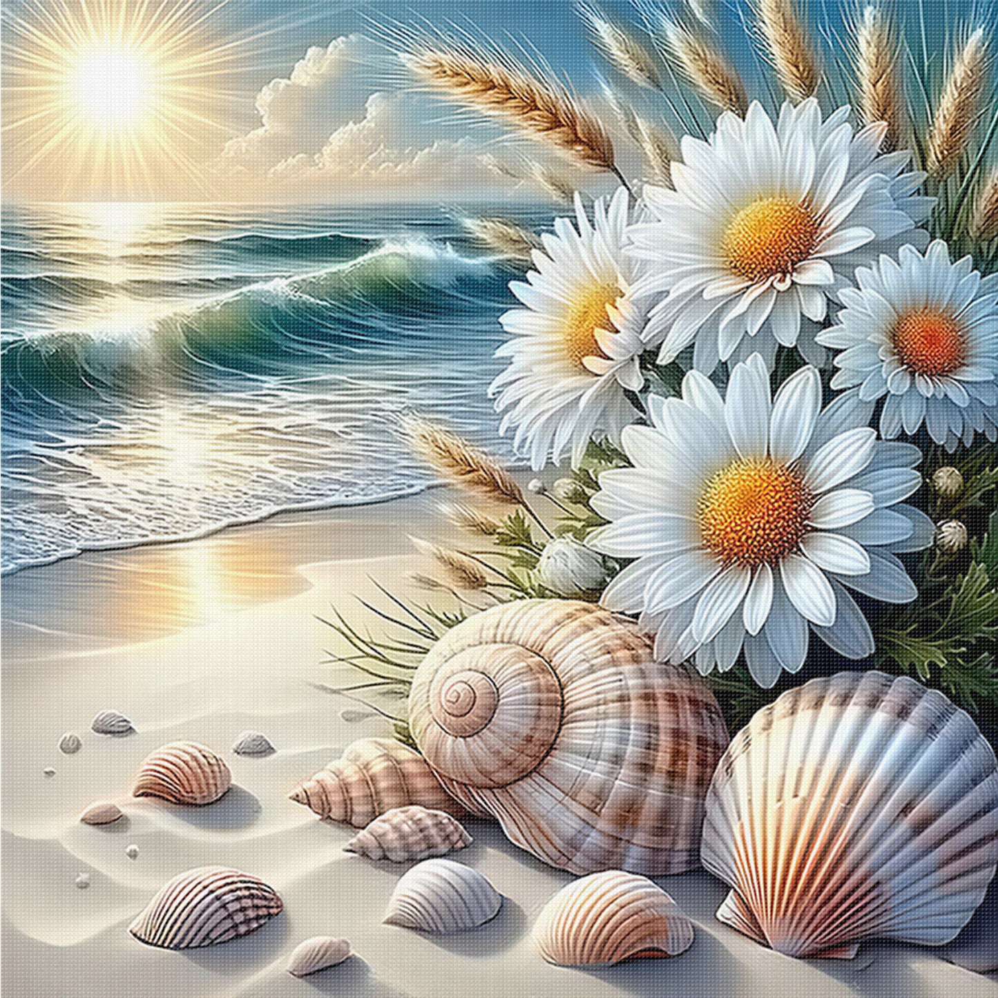 Daisies By Beach - Full 11CT Counted Cross Stitch 40x40CM - Yishu