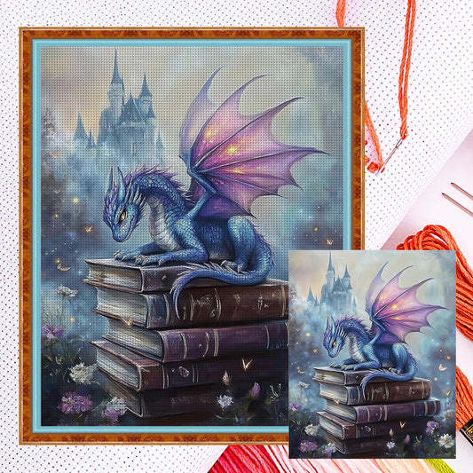 Pterodactyl auf einem Stapel Bücher – Vollständiges 11CT gezähltes Kreuzstichset 40*50CM – Huacan