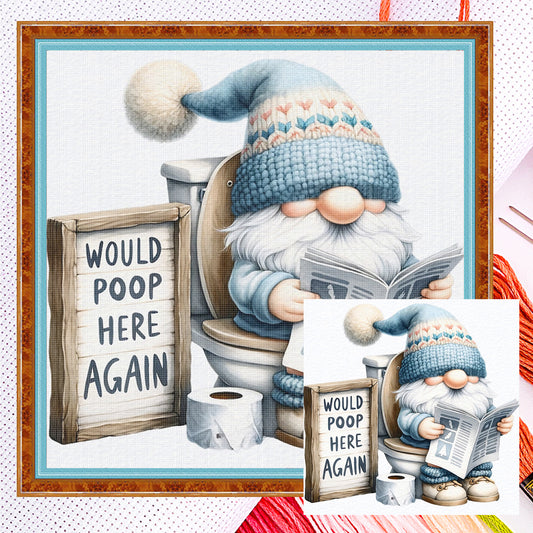 Gnome On Toilet - Full 11CT Counted Cross Stitch 45x45CM - Huacan