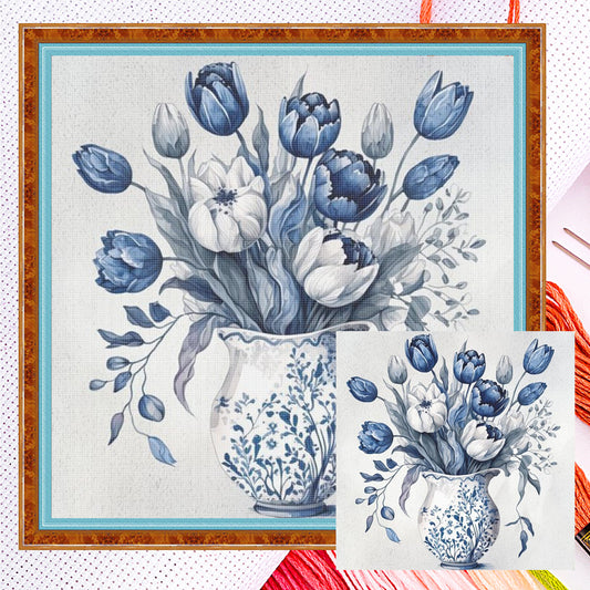 Blau-weiße Porzellanvase - Vollständiges 11CT gezähltes Kreuzstichset 40*40CM - Huacan