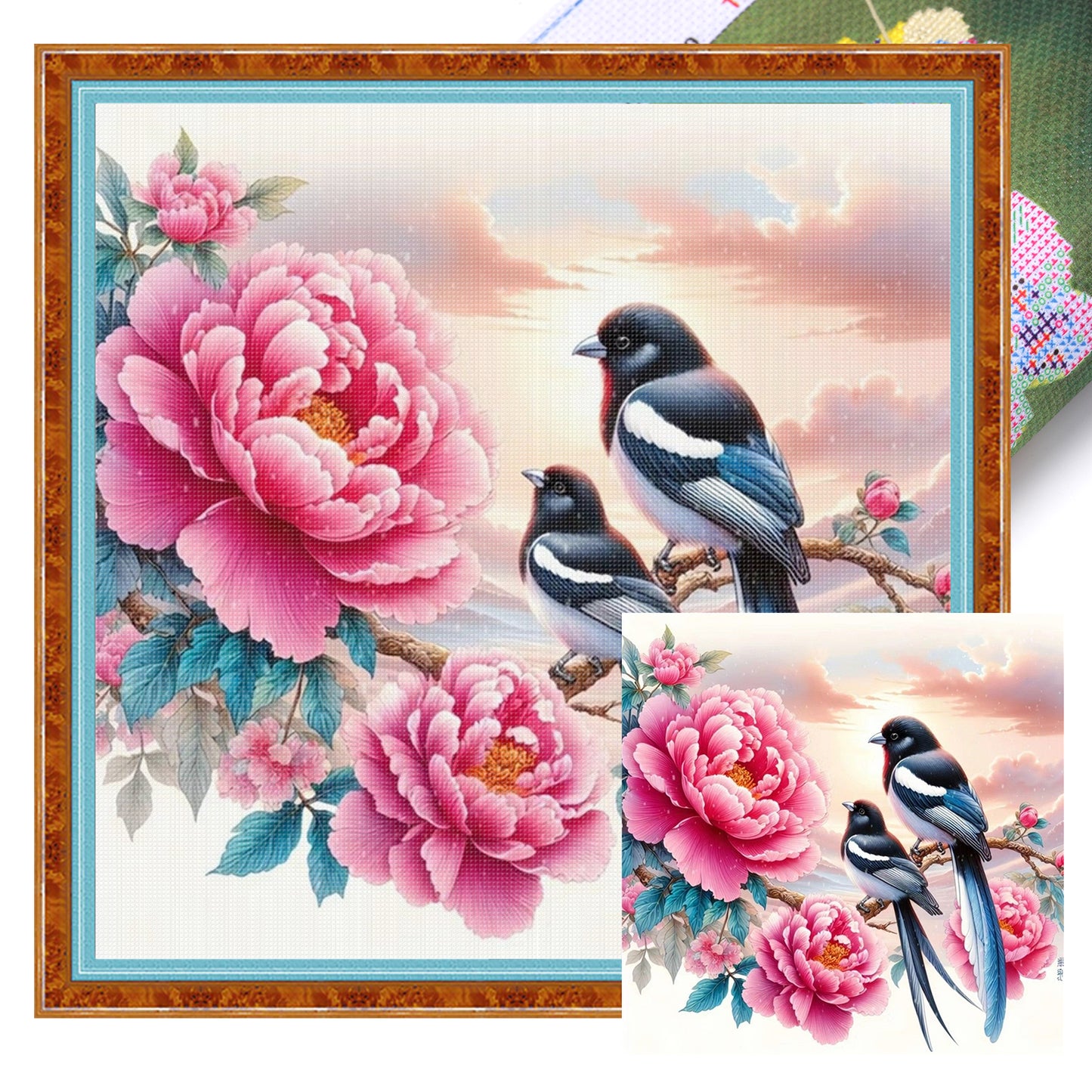 Magpie And Peony - Full 11CT Stamped Cross Stitch 40x40CM - Huacan