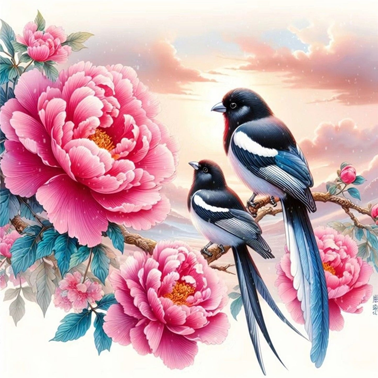 Magpie And Peony - Full 11CT Stamped Cross Stitch 40x40CM - Huacan